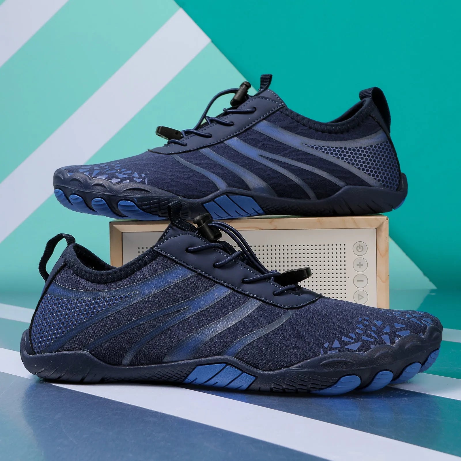 Casual unisex beach running shoes in Lycra stretch fabric, shown in beige, black, dark blue, gray, or white powder.