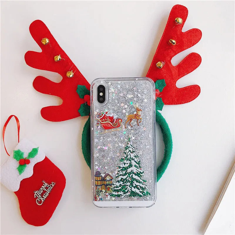 Transparent quicksand effect phone case with Santa Claus and Christmas tree design for iPhone and Samsung