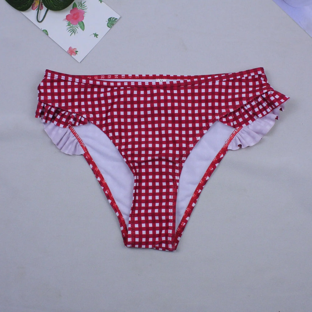 Red and green plaid bikini two-piece swimwear for women with chest pad, size S M L XL