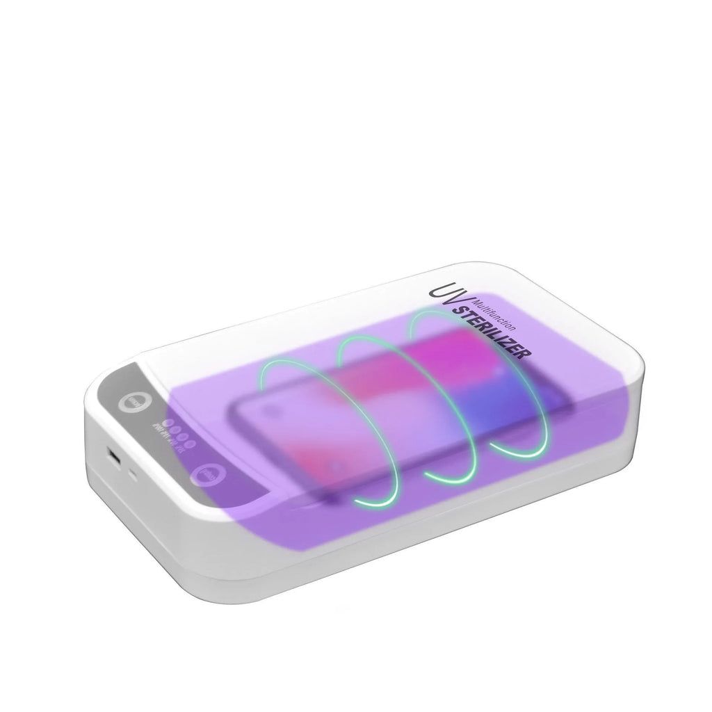White UV disinfection box open showing internal compartment with UV lights, mobile phone inside