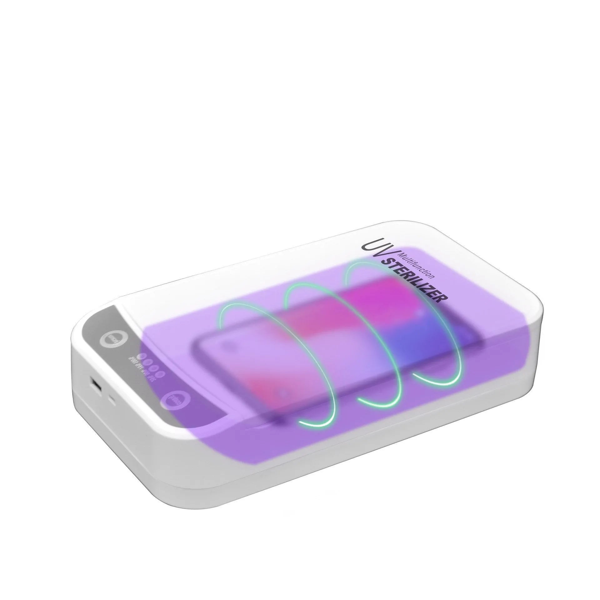 White UV disinfection box open showing internal compartment with UV lights, mobile phone inside