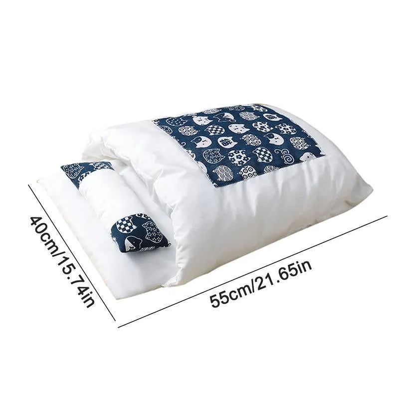 Winter cat sleeping bag bed with removable pillow shown in size Large for pets up to 6kg.