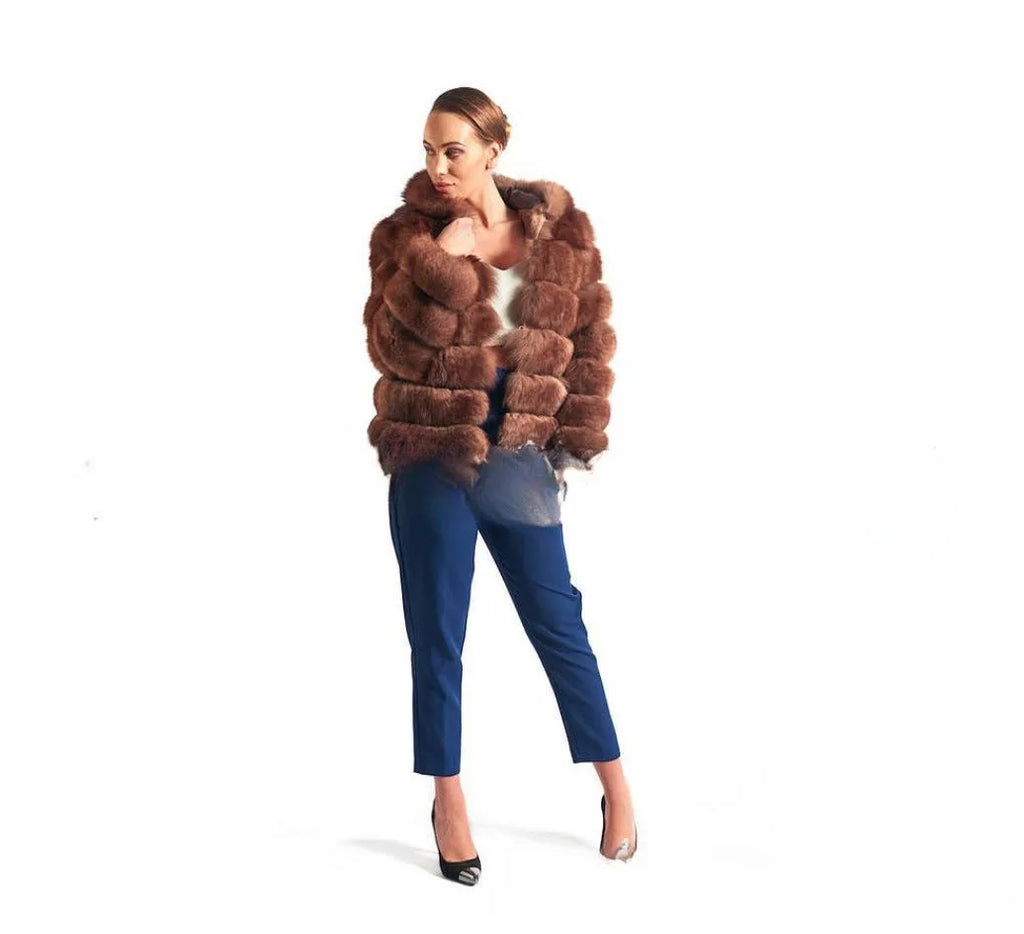 Women's mid-length artificial fur coat with a detachable hood in silver fox white or brown.
