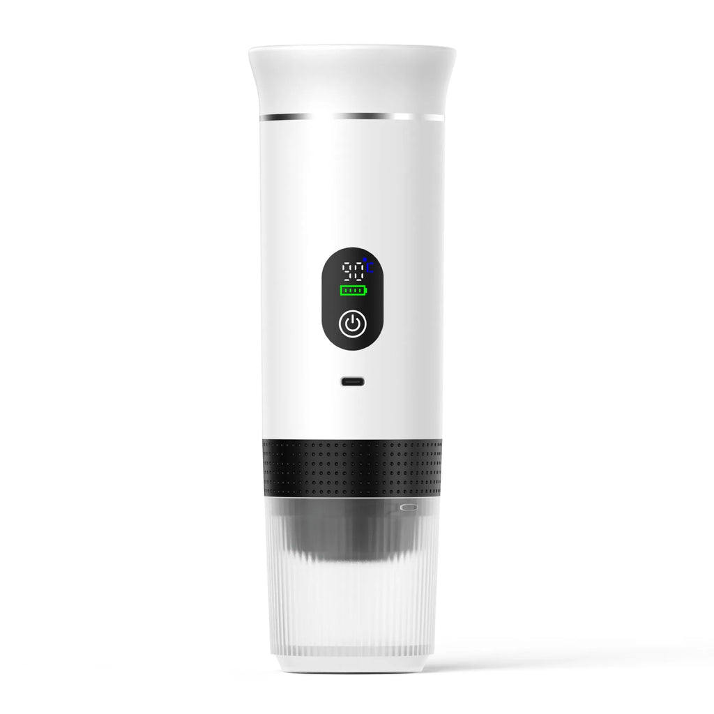Portable electric capsule coffee machine for car and outdoor travel in silver finish, showing LCD display.