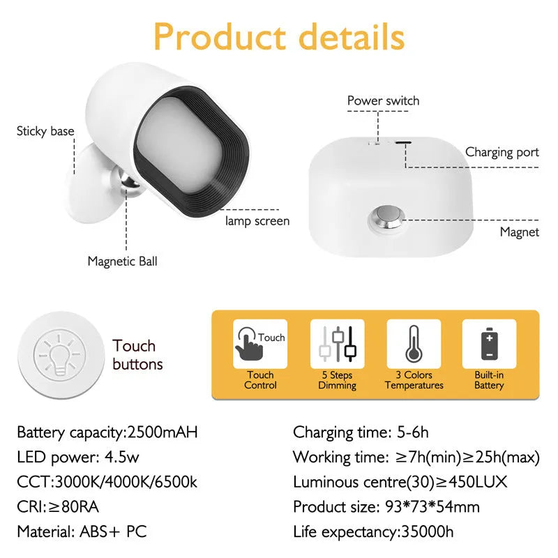 Modern remote-controlled magnetic wall lamp in white, showing adhesive mount and rotating head.