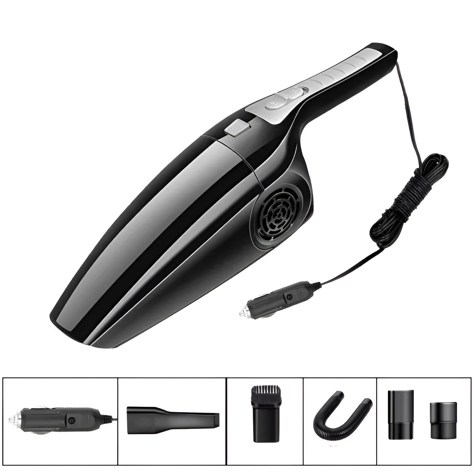 Black and orange portable car vacuum cleaner with 12V plug, shown at 36cm length.