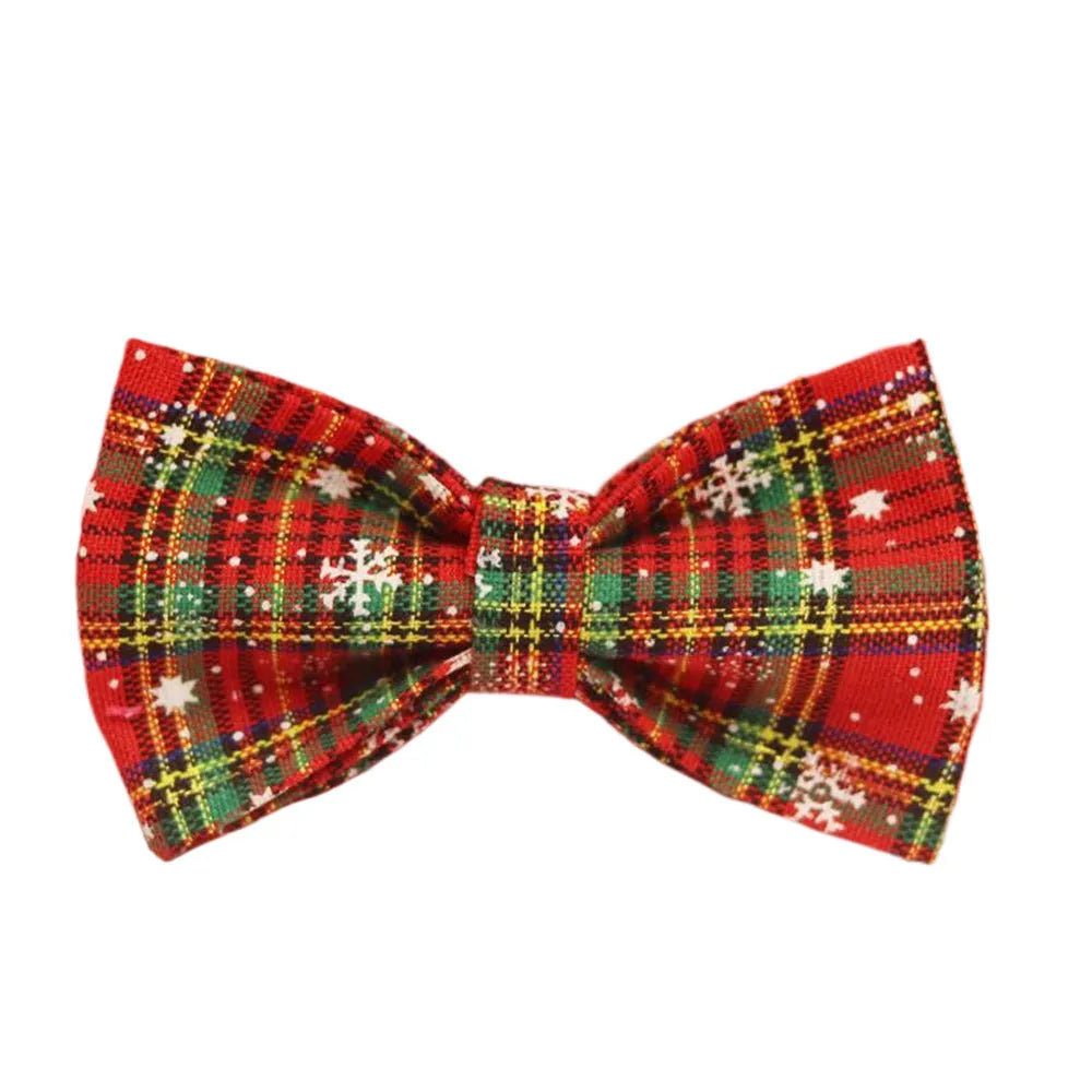 Red snowflake plaid Christmas pet collar and leash set with matching dog vest and decorative bow