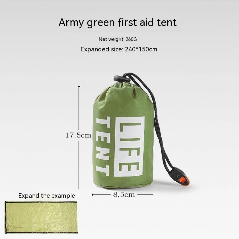 Orange and green portable disaster relief tent with sleeping bag and emergency blanket set.