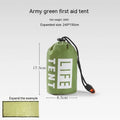 Orange and green portable disaster relief tent with sleeping bag and emergency blanket set.