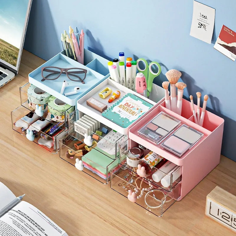 Transparent partitioned desktop storage box in cherry blossom pink with grid compartments and dustproof lid