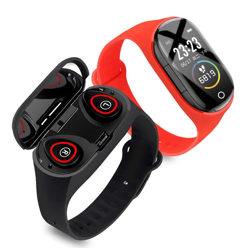 Android smart bracelet with integrated Bluetooth earphones in silicone wristband showing black, blue, and red colour options