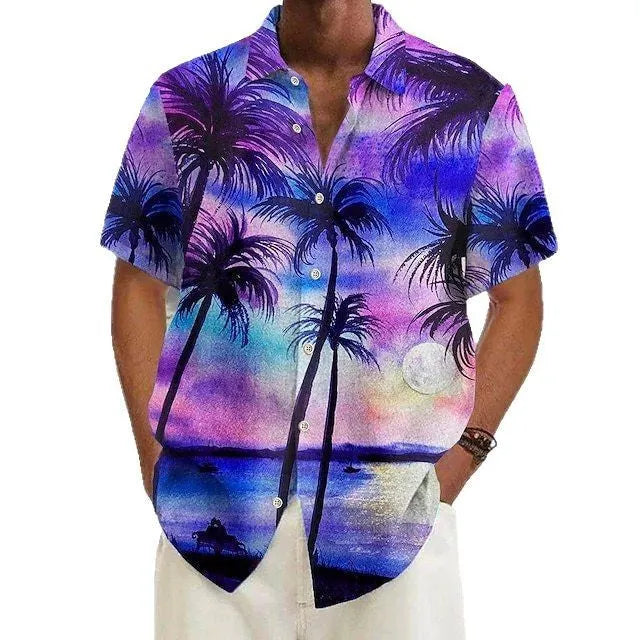 Men's printed polyester casual long sleeve button-up shirt shown in multiple colours