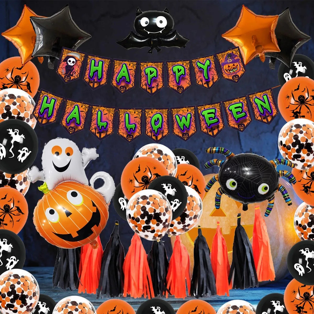 Halloween balloon decoration set with skull and pumpkin designs in white and black for creating spider balloon arches
