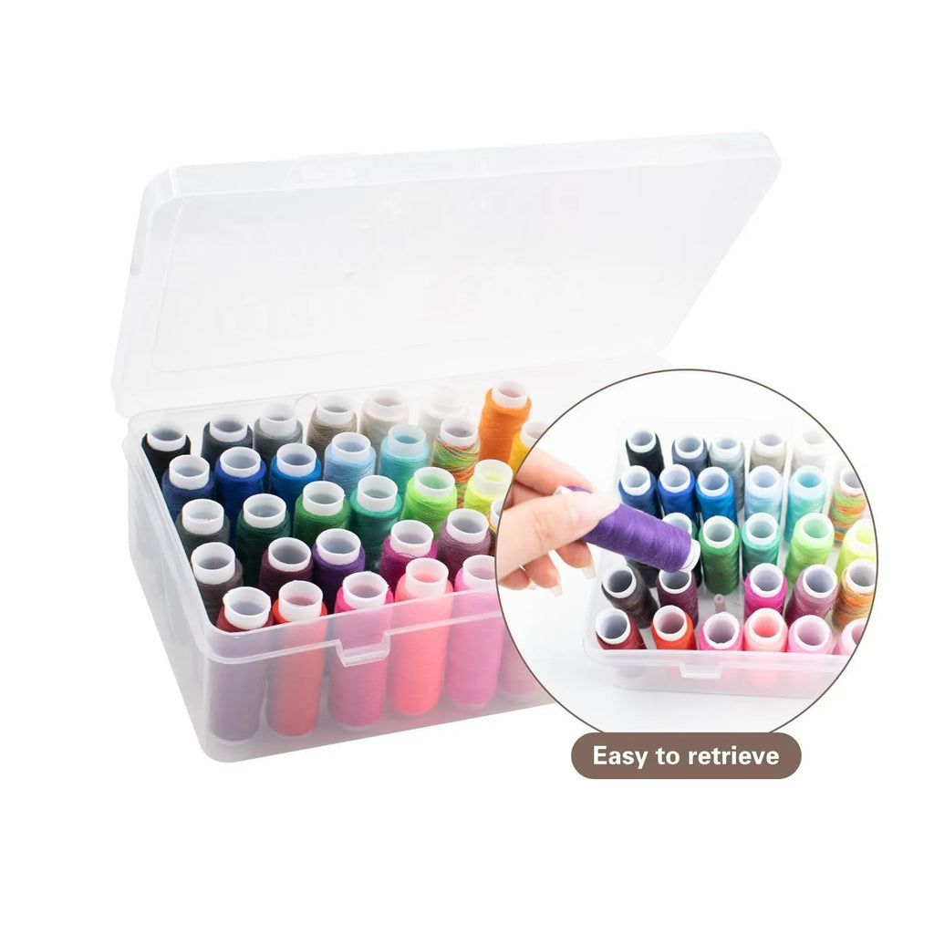 Transparent plastic embroidery storage box with 42 compartments showing thread organisation