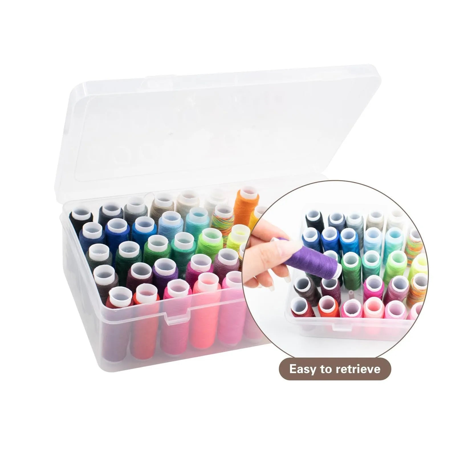 Transparent plastic embroidery storage box with 42 compartments showing thread organisation
