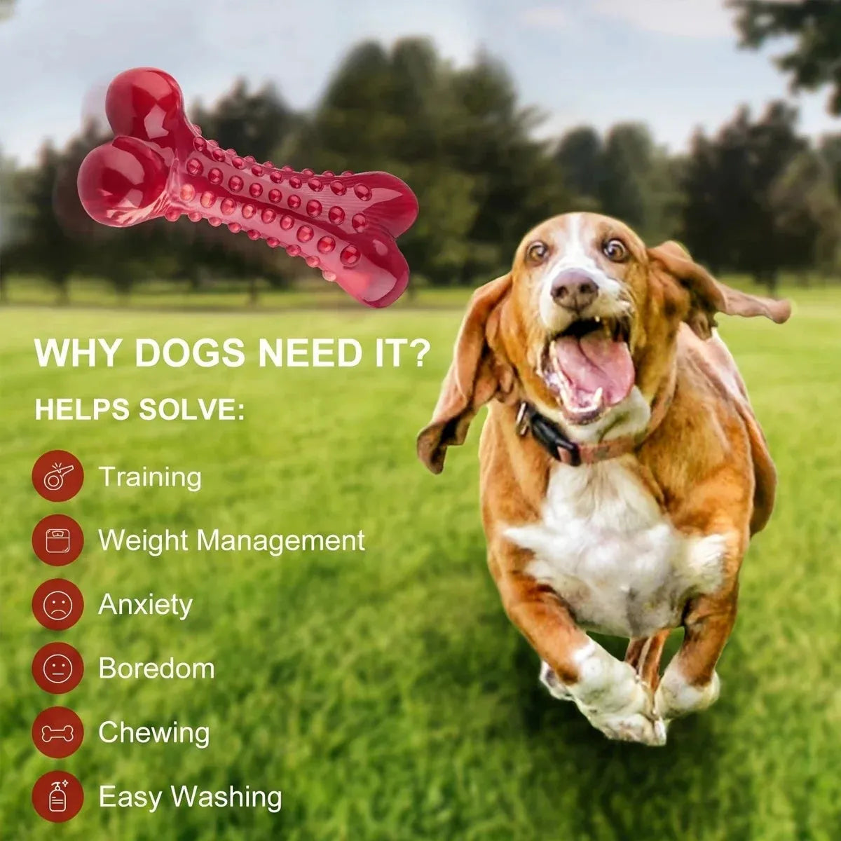 Red natural rubber chew toy for aggressive dogs, 15cm long heavy-duty durable dog chew