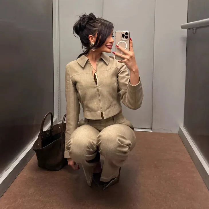 Women's herringbone pattern suit set with 3D embroidery including long sleeve coat and straight trousers