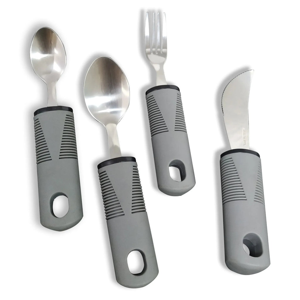 Stainless steel adaptive spoon and fork with black rubber handles for assisted eating.