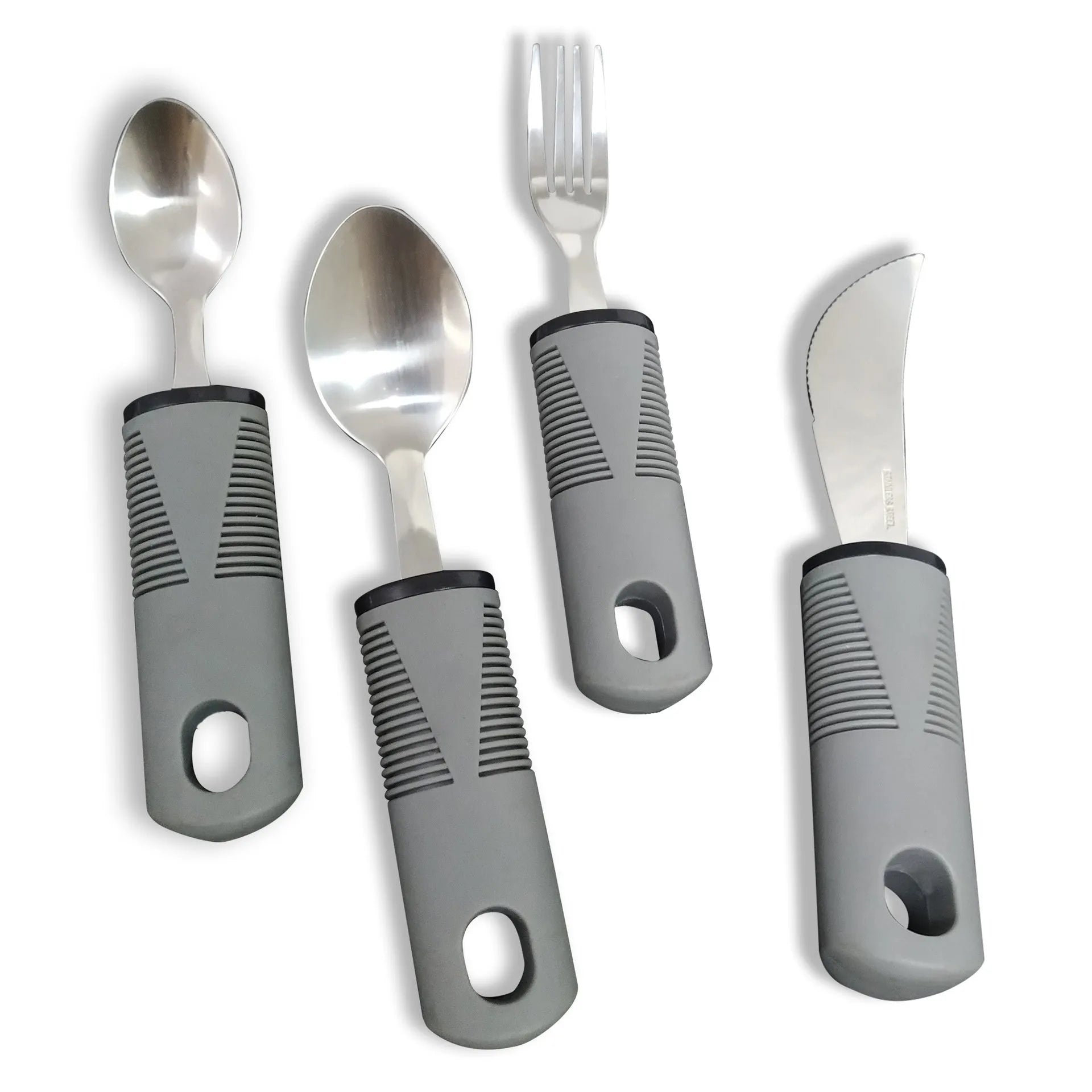 Stainless steel adaptive spoon and fork with black rubber handles for assisted eating.