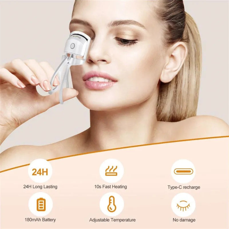 White USB rechargeable heated eyelash curler with dual temperature buttons and compact design.