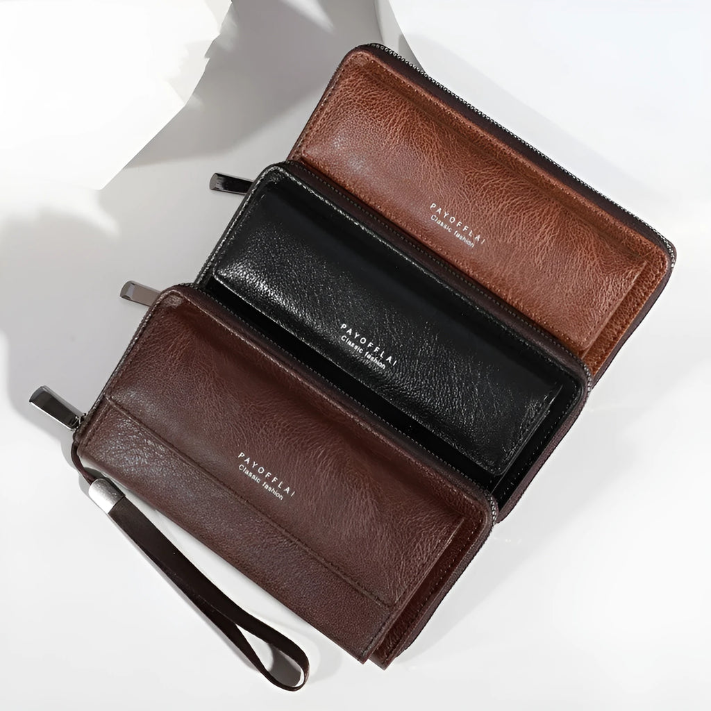 Men's black PU leather long wallet with multiple card slots, showing dimensions.