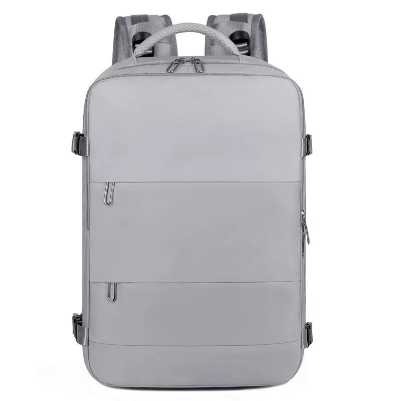 Large purple Oxford cloth travel backpack with air pillow belt system and multiple compartments