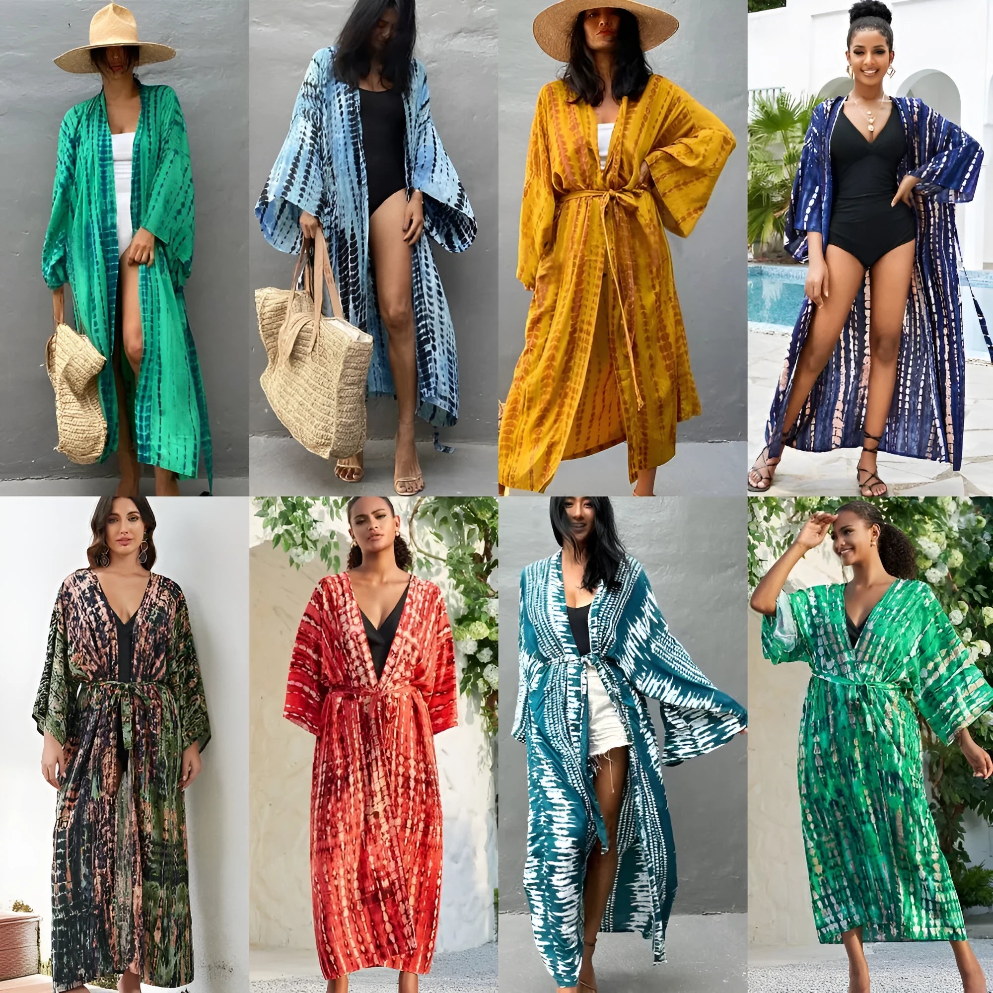 Women's loose printed cotton beach cover-up blouse with ruffle long sleeves in solid colour