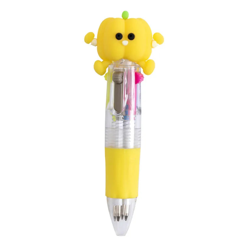 Cartoon character four colour press ballpoint pen with 0.7mm tip on a notepad.