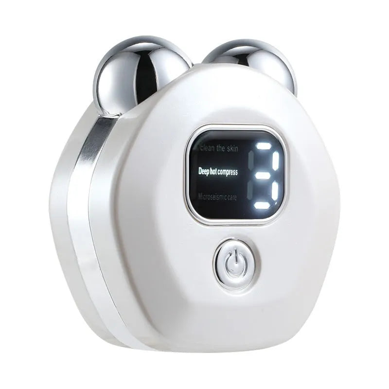 Portable white, light blue, or pink hot compress and micro current facial massage instrument with double rollers.