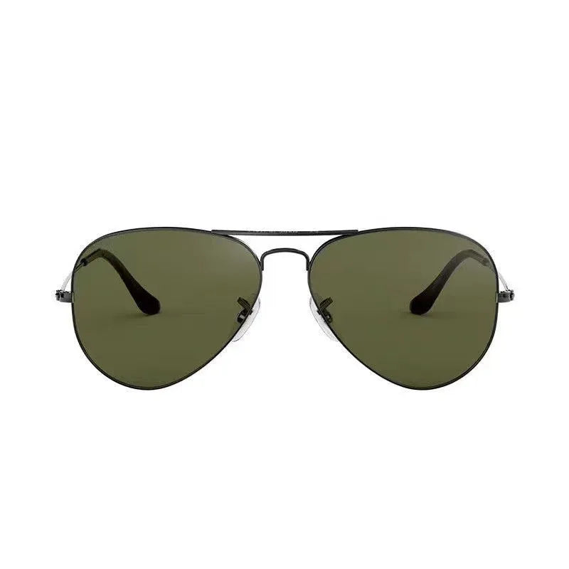 Tempered glass sunglasses with a choice of gold, silver, or black frames and dark green or blue gradient lenses.