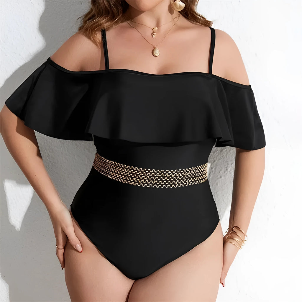 Black solid colour women's one-piece swimsuit on a hanger