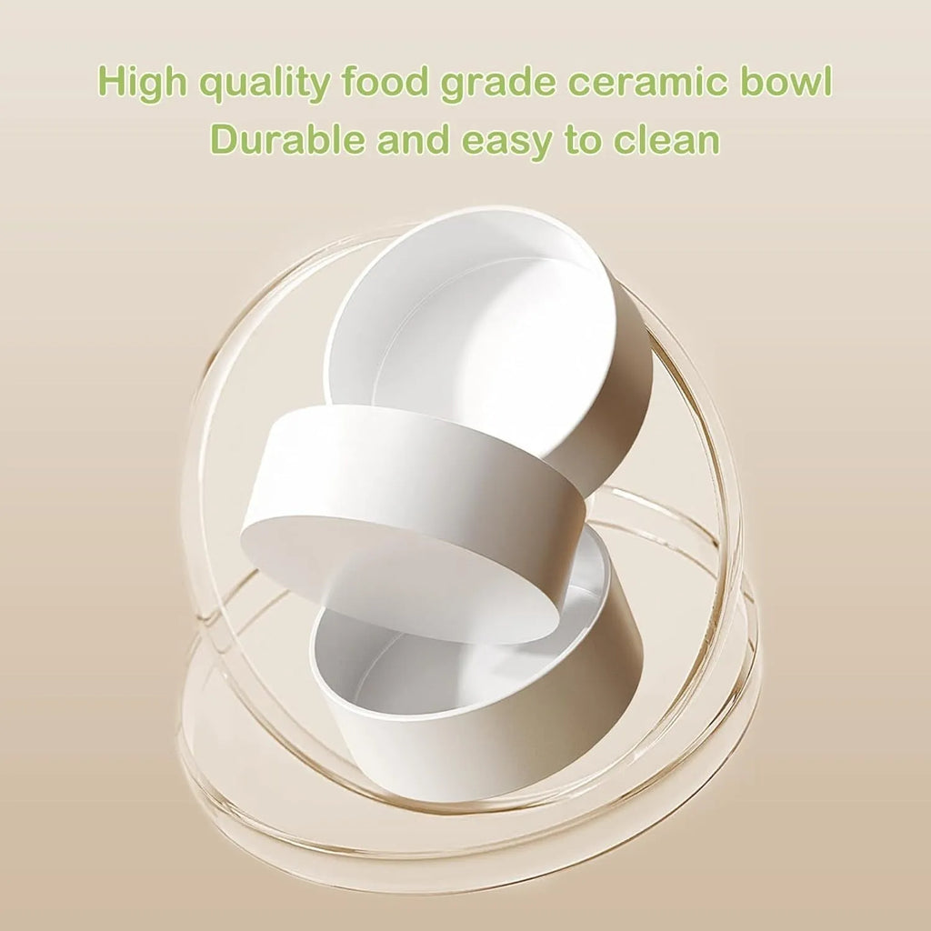 Green ceramic cat bowls on a 15-degree tilted raised stand with a non-slip base.