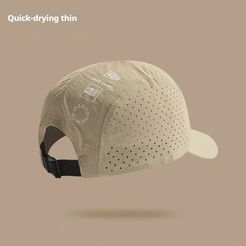Men's adjustable mesh baseball cap in khaki colour showing breathable fabric texture