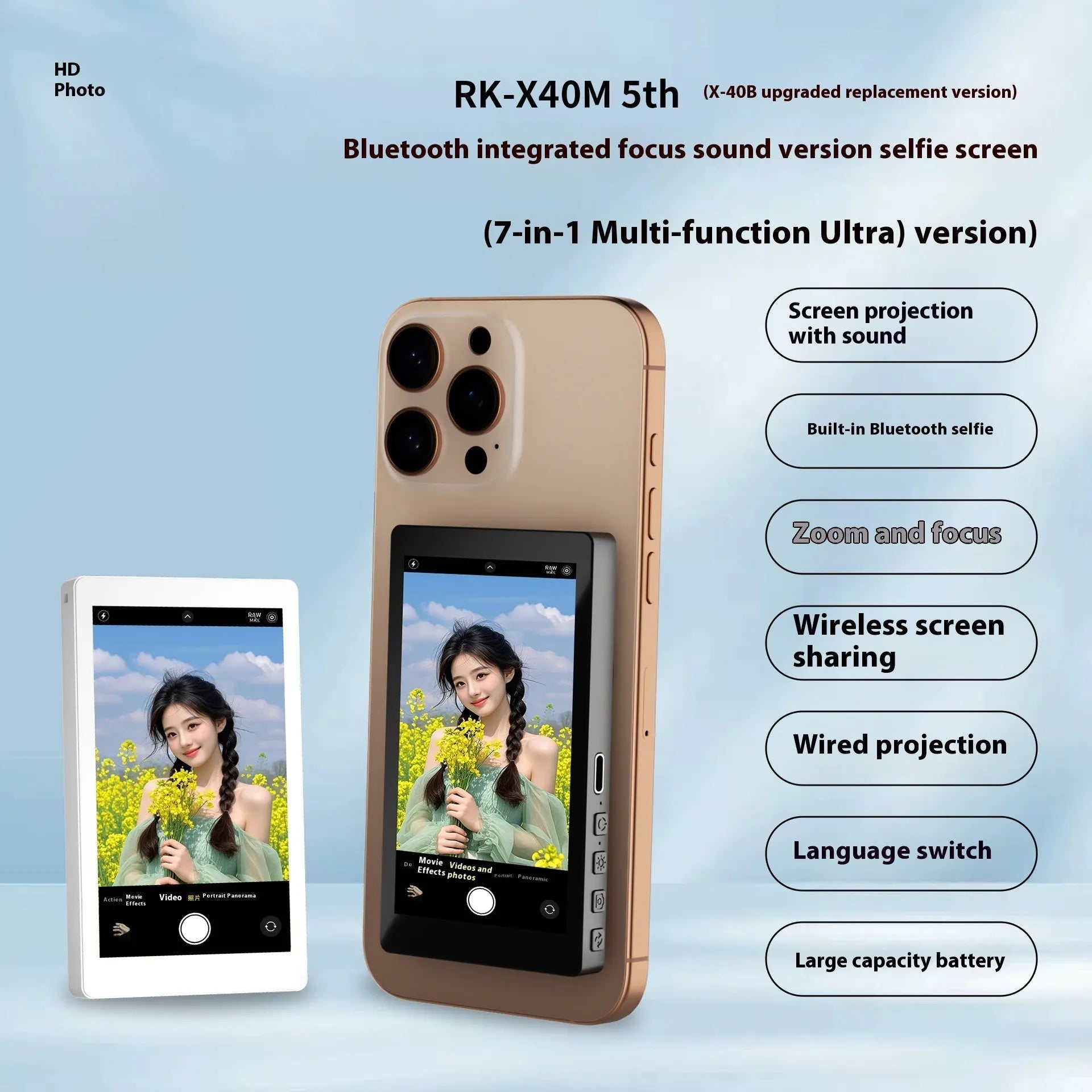 X40M mobile phone rear magnetic selfie display with audio zoom function in black, grey or white colours