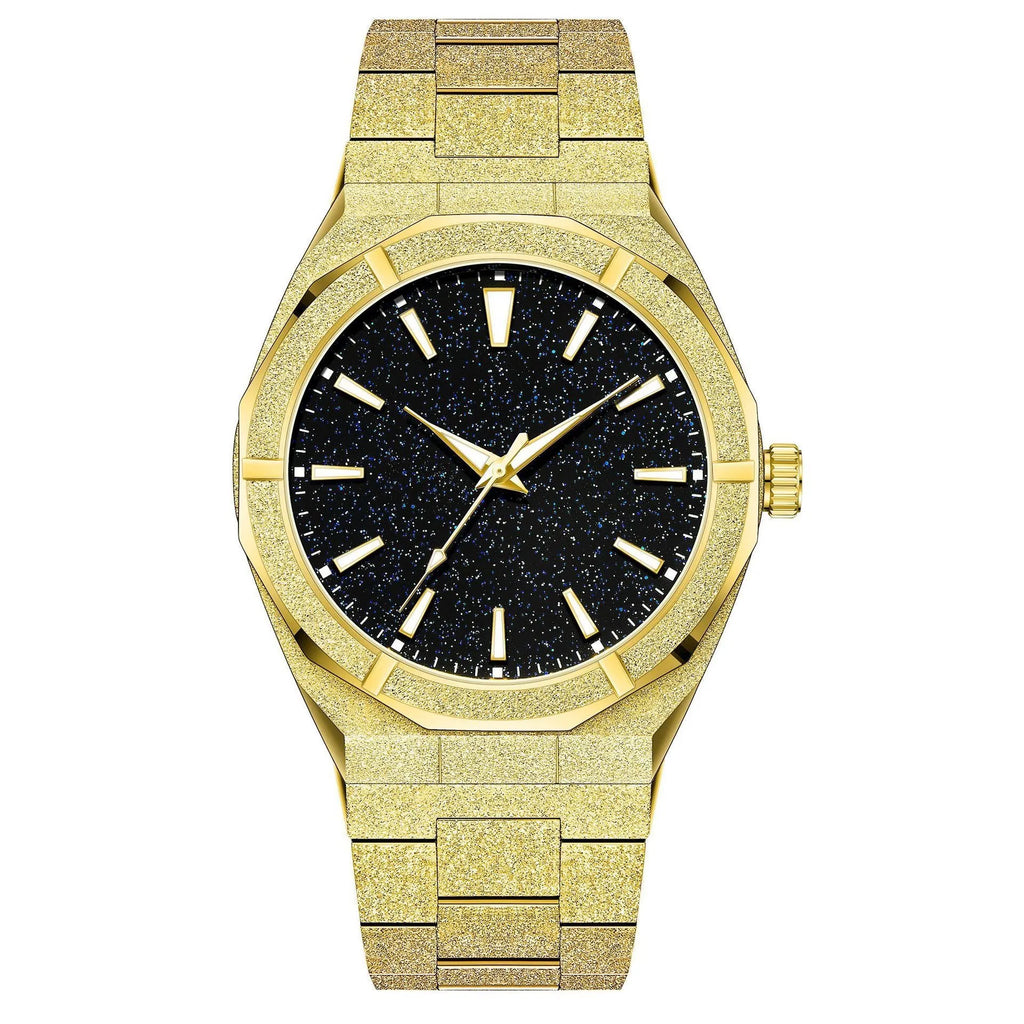 Business men's watch with frosted stainless steel case and luminous hands in silver, gold, and black colour options