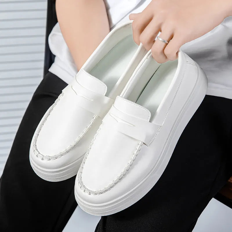 Men's British style casual leather shoes with round toe design in white, black and white, and khaki colour options