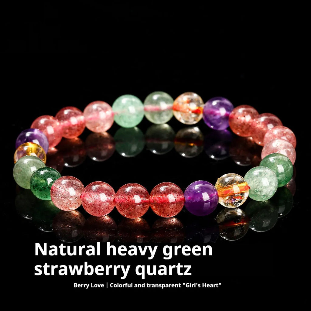 Strawberry quartz and tourmaline gemstone bracelet with round beads in geometry design