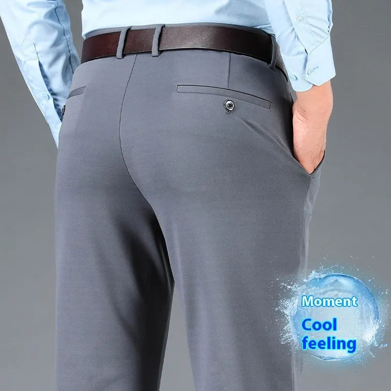 Men's straight-leg suit trousers in plus sizes showing elastic fabric and lining options