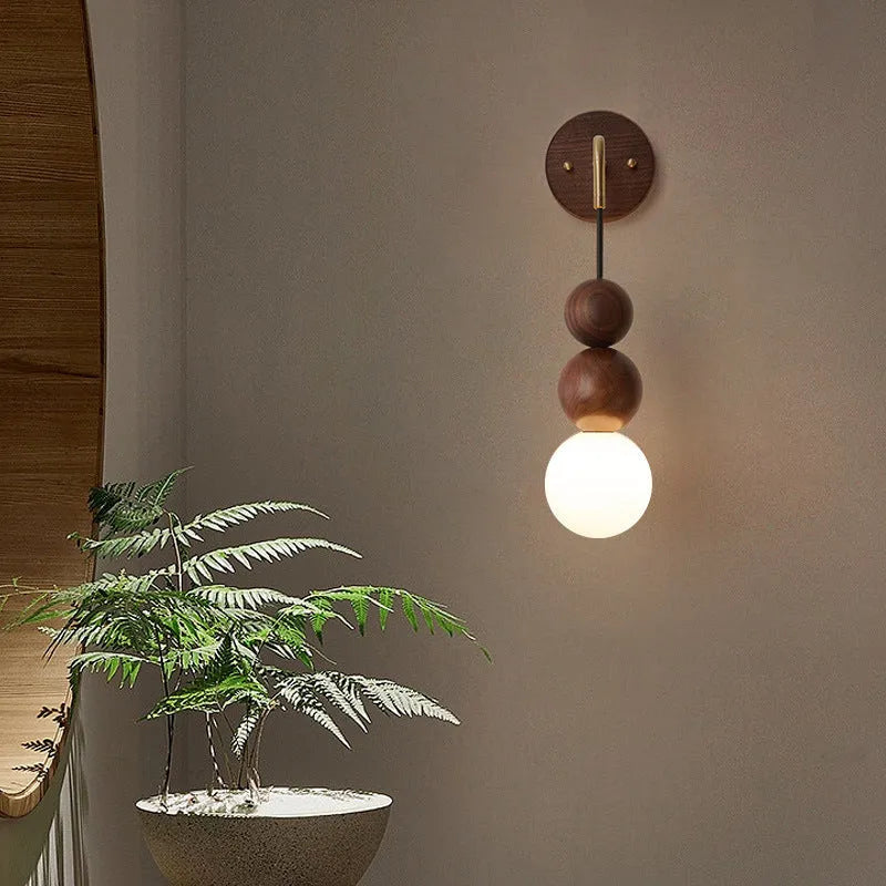 Wood and copper wall lamp with suspension wire and dimmable tricolour light