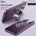 Frosted magnetic bracket phone case for iPhone on a table with bracket extended.