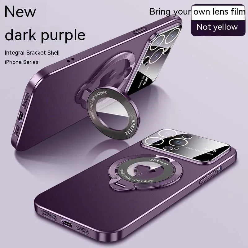 Frosted magnetic bracket phone case for iPhone on a table with bracket extended.
