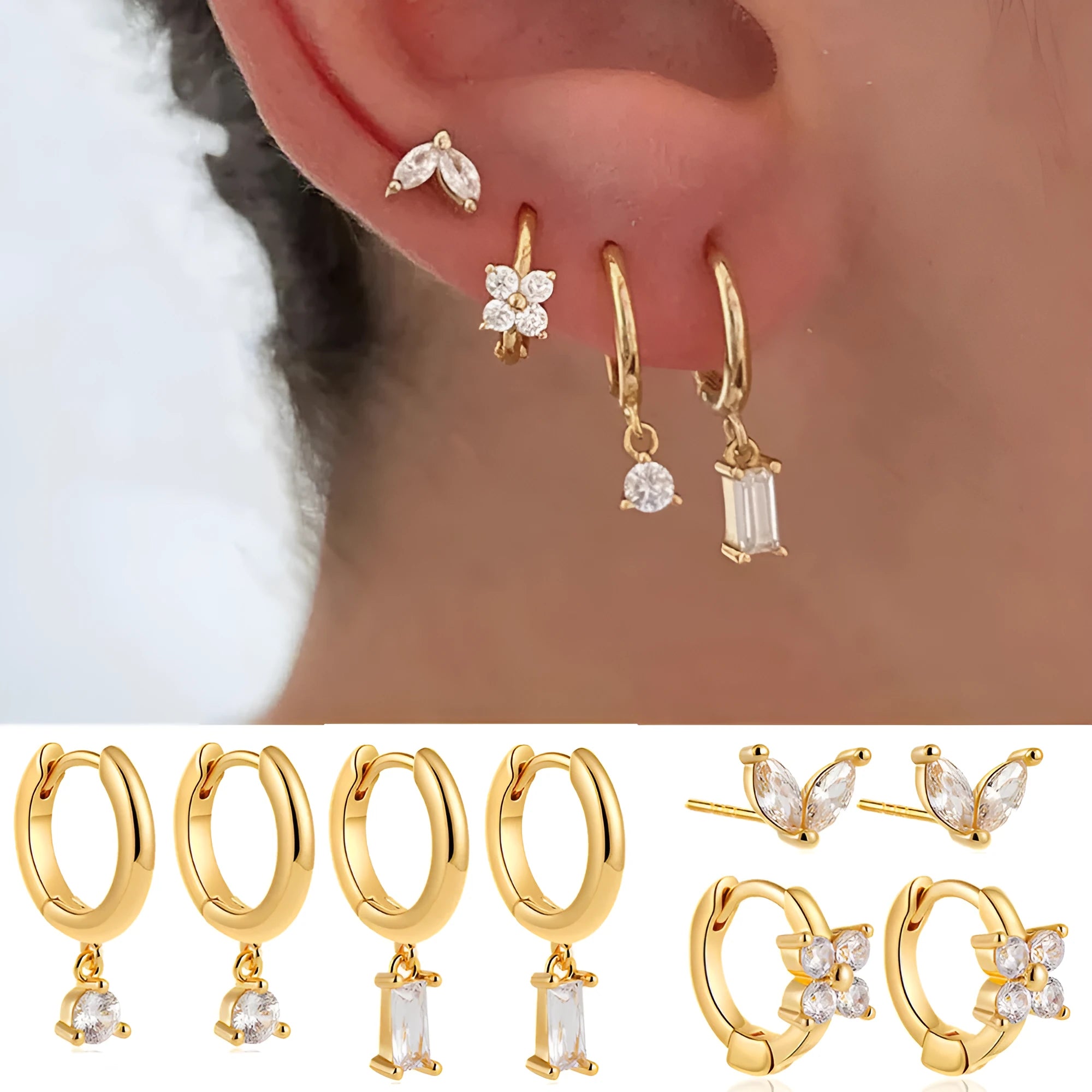 Copper geometric square earrings four-piece set with star designs in gold or silver electroplated finish