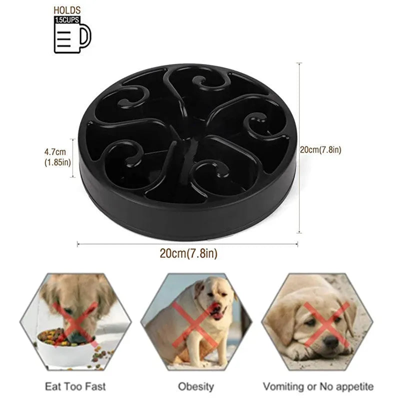 A coloured slow feeder dog bowl with a maze pattern design and a wide non-slip base.