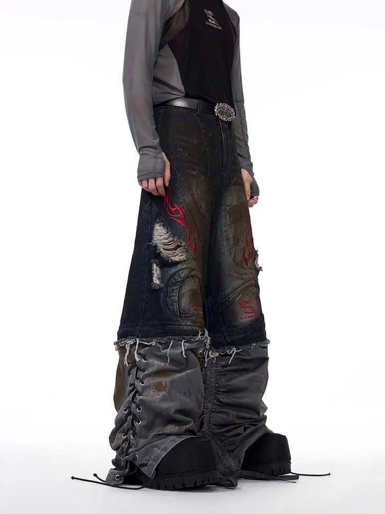 Men's retro wide leg jeans with detachable trouser legs in denim, shown in picture colour.