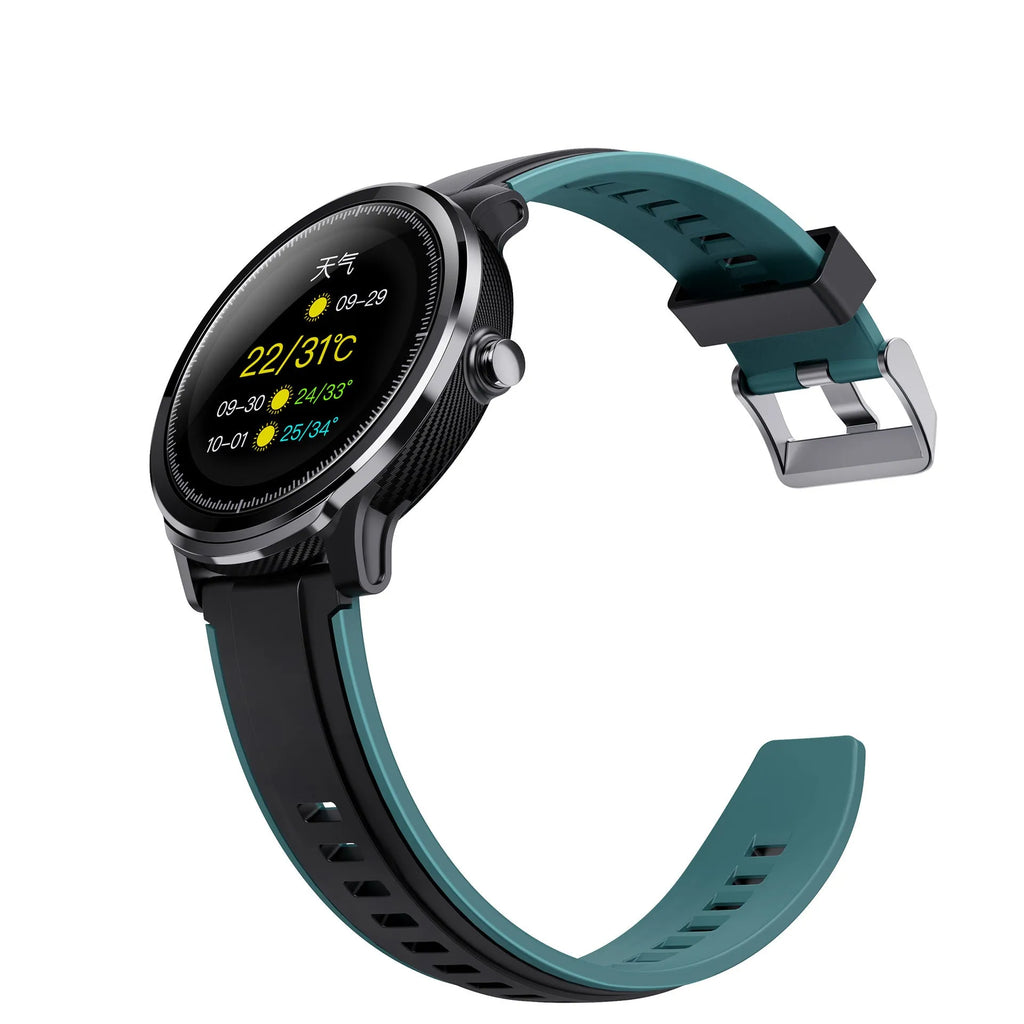 Kospet PROBE 1.3 inch smart watch with green or red silicone strap on wrist