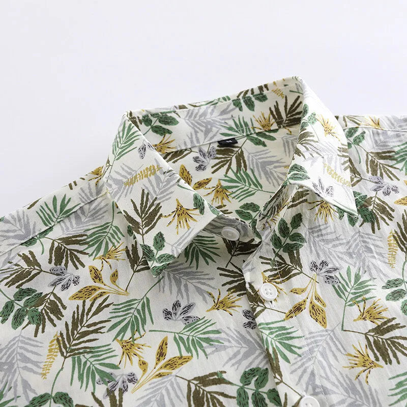 Men's floral print cotton short sleeve Hawaiian-style summer shirt on hanger