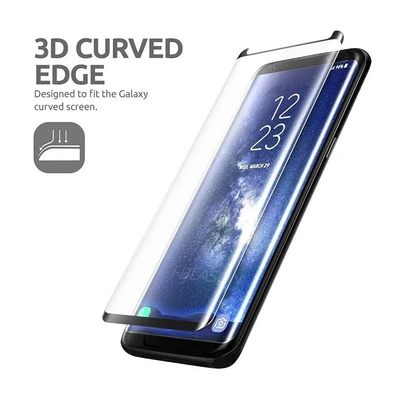Tempered glass screen protector for Samsung Galaxy phone with black border and anti-fingerprint coating.