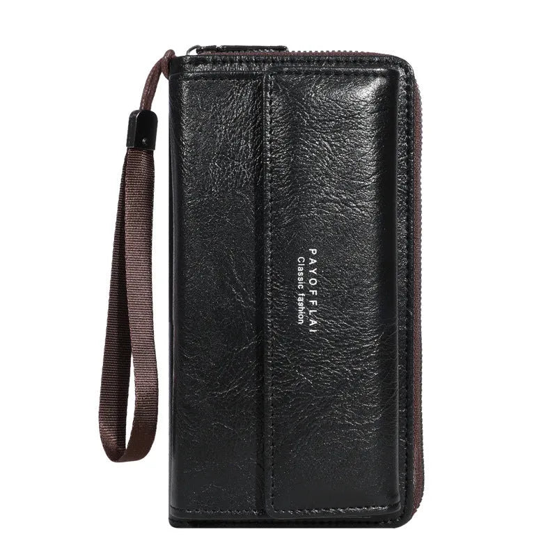 Men's black PU leather long wallet with multiple card slots, showing dimensions.