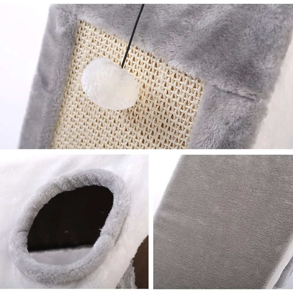 Grey and white triangular cat bed with integrated sisal scratching post, shown next to a light brown and beige version.