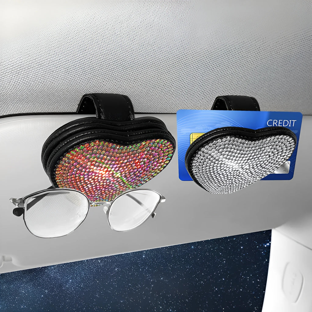 Diamond-encrusted PU leather car sun visor clip with magnetic closure for glasses and ticket storage